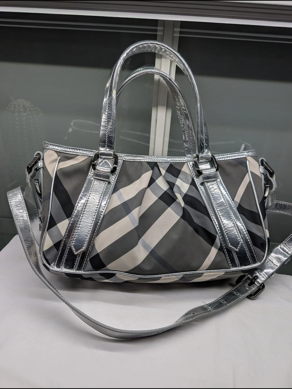 Burberry Black & Silver Plaid Tote Handbag